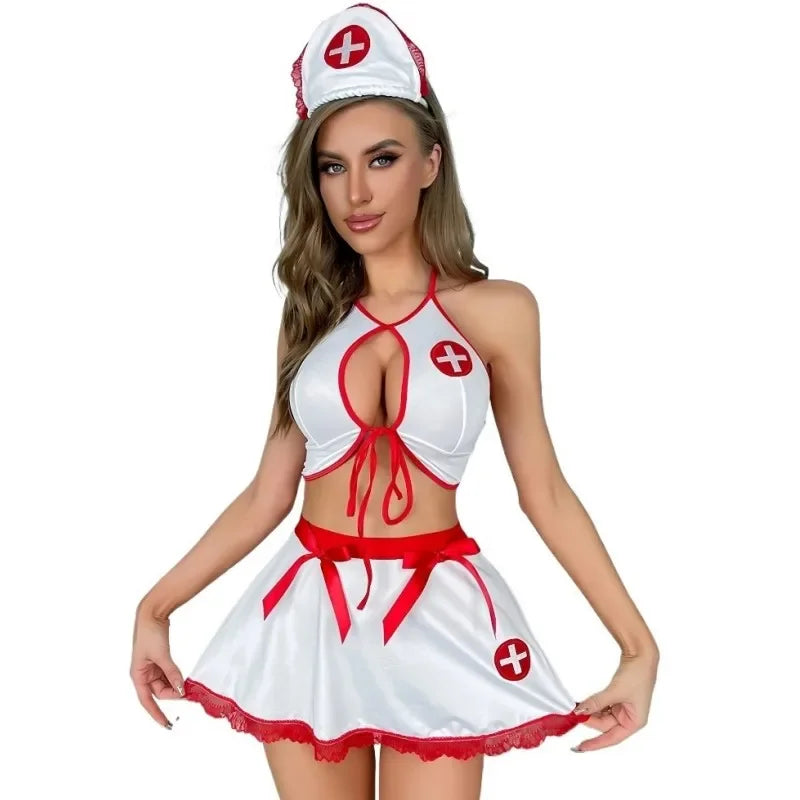 Women Sexy Cosplay Lingerie Naughty Nurse Uniform Exotic Costume Halter Cami Top & Bow Skirt & Thongs & Headwear Underwear