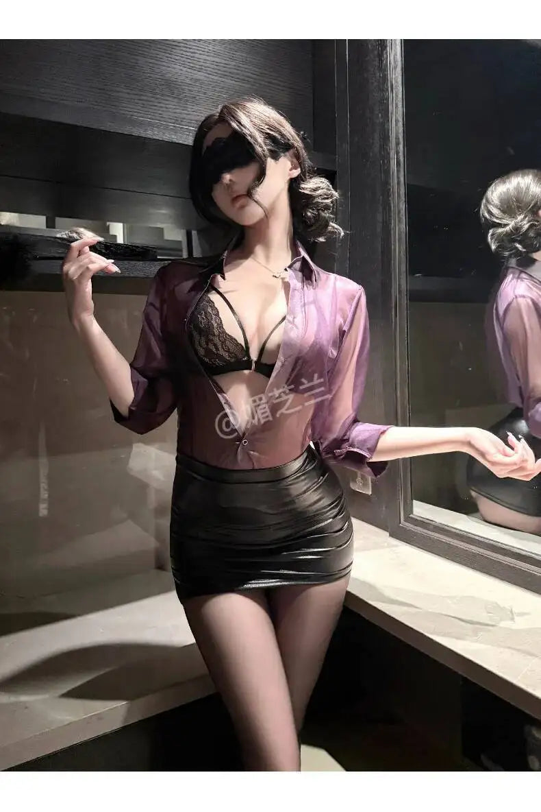 Translucent Purple Shirt Paired With A Skirt Set Secretary Sexy For Women Alluring And Pure Desire Dress Nightclub Style 89JL