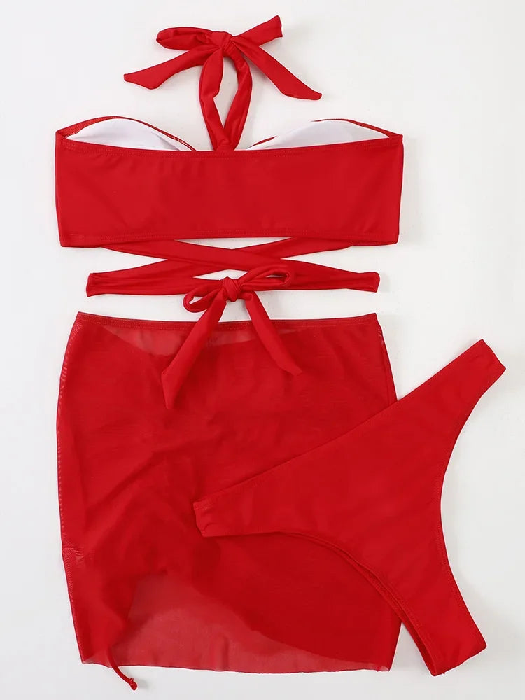 3 PCS Mesh Skirt Halter Wrap Around Bikini Female Swimsuit Women Swimwear Three-pieces Bikini Set Bathing Suit Swim Beachwear