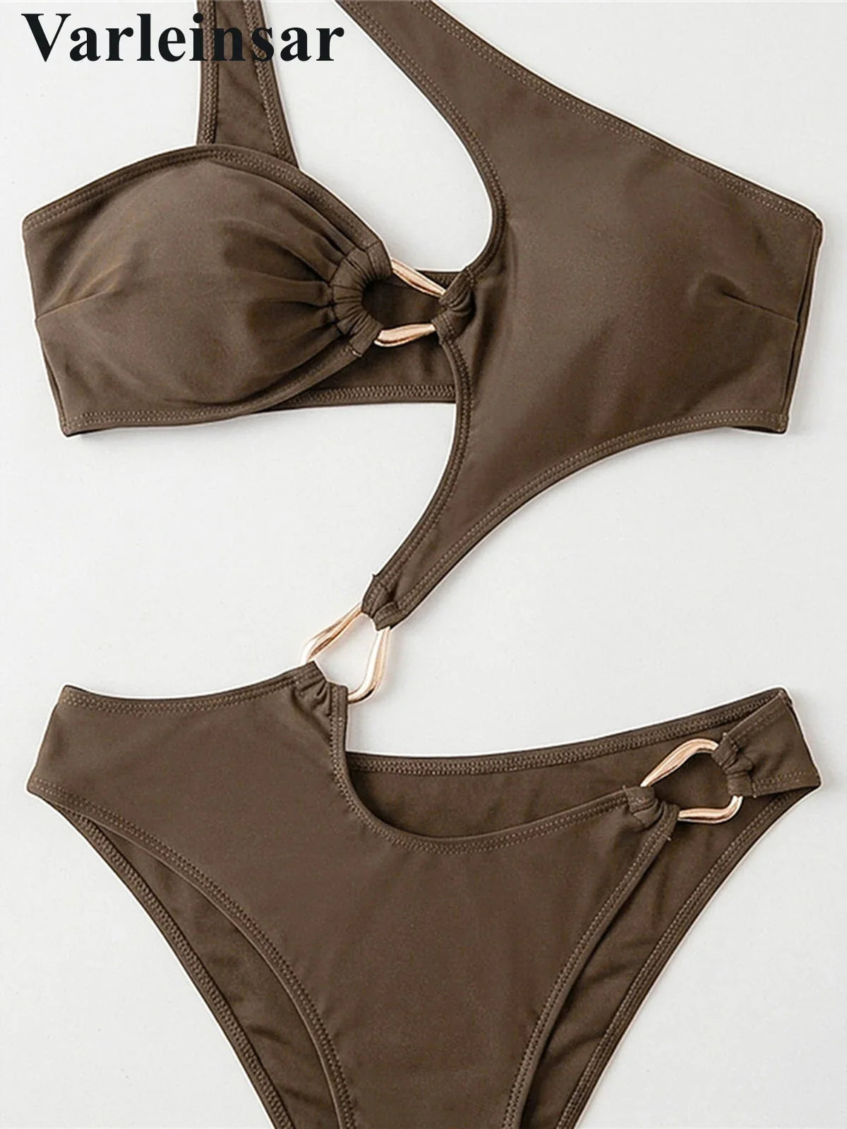 Asymmetric One Shoulder Cut Out One Piece Swimsuit Women Swimwear Female Metal Ring High Cut Leg Bather Bathing Suit Swim V8265
