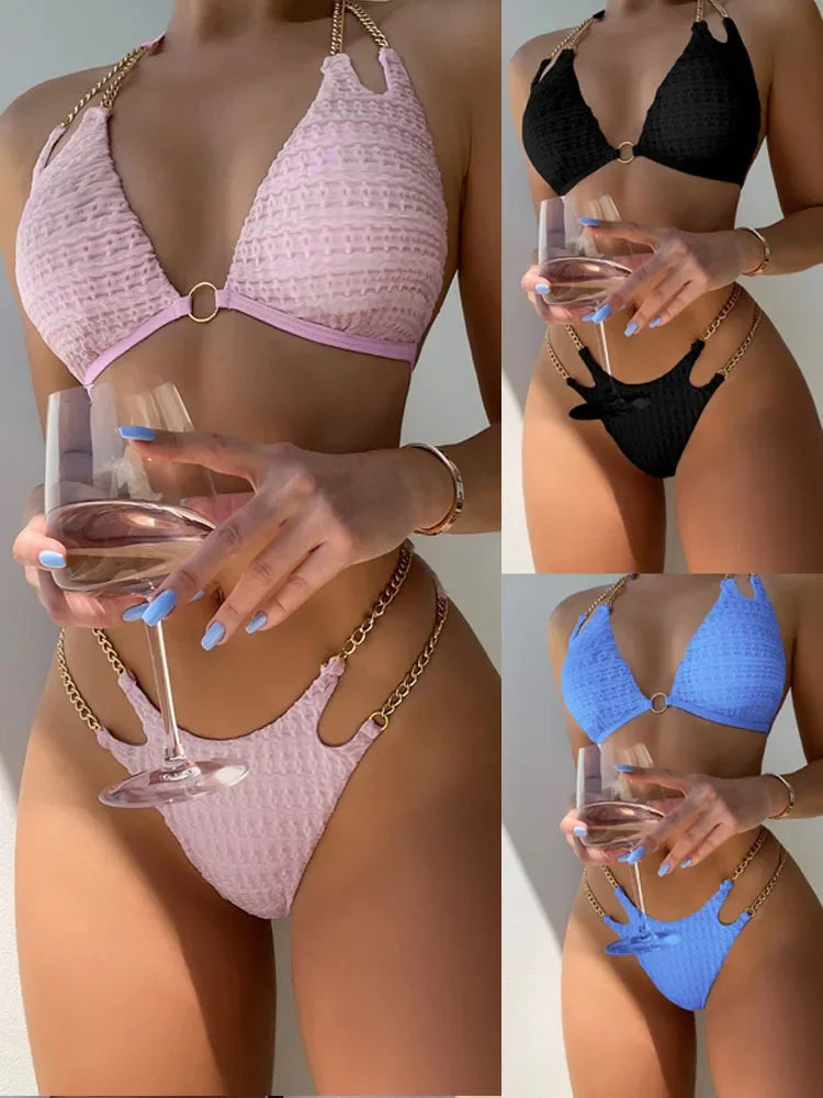 Sexy Wrinkled Metal Chain Halter Bikinis Sets Two Pieces 2024 Women Thong Swimsuit Female Bathing Suit Swimwear Biquini