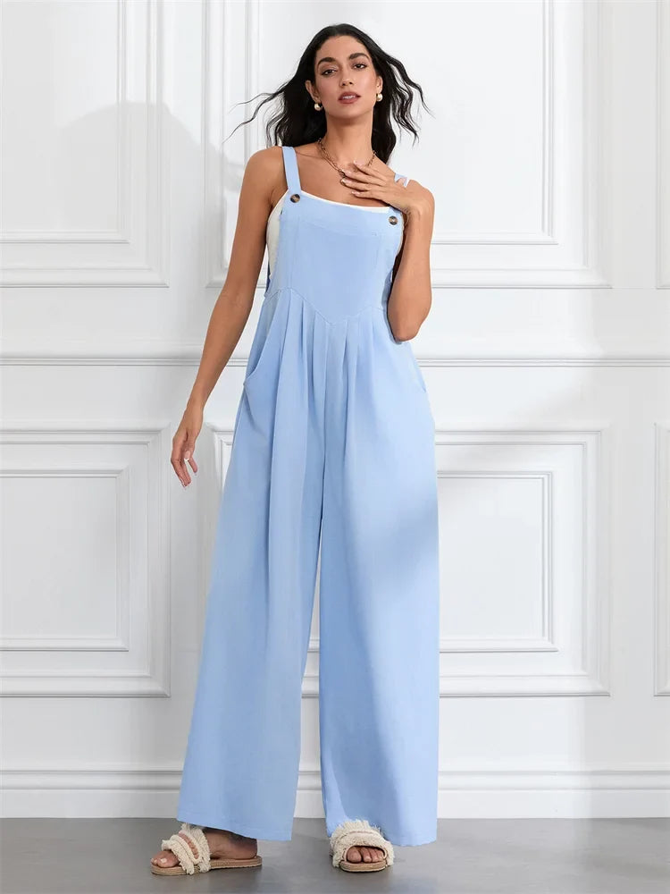 Women Fashion Jumpsuits Sleeveless Buttons Suspender Wide Leg Pant Overalls with Pockets Casual Loose Romper Streetwear