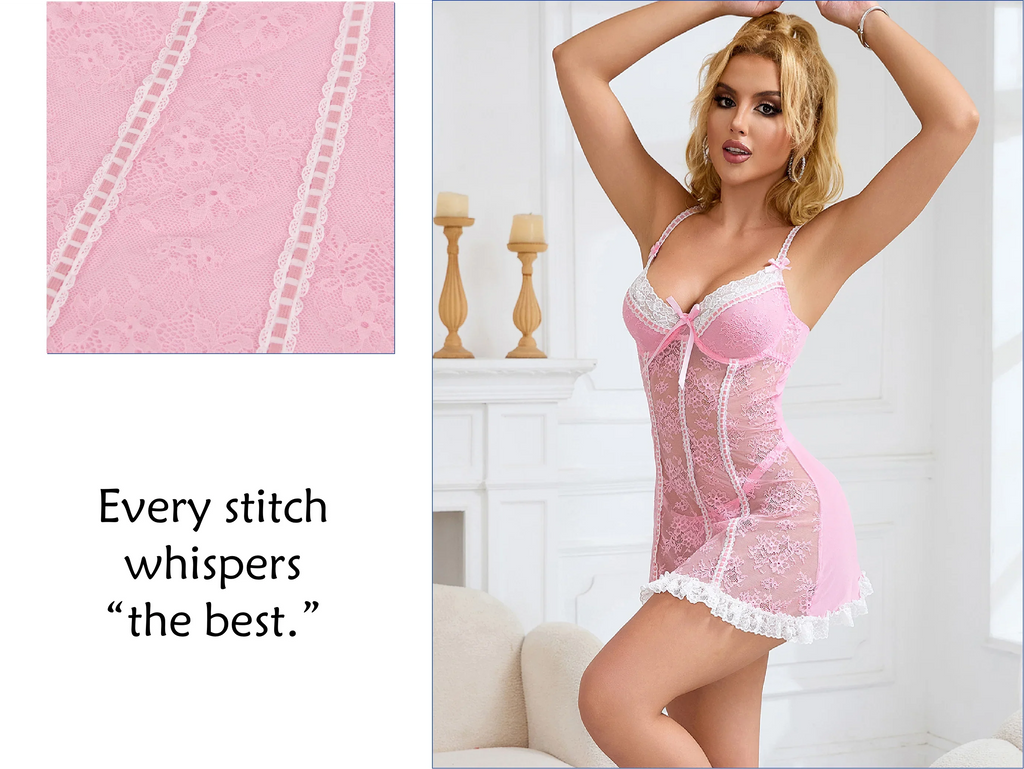 Pink Sexy Lace Ruffled Suspender Nightdress for Women Babydoll Lingerie Push Up Chemise Sleepwear