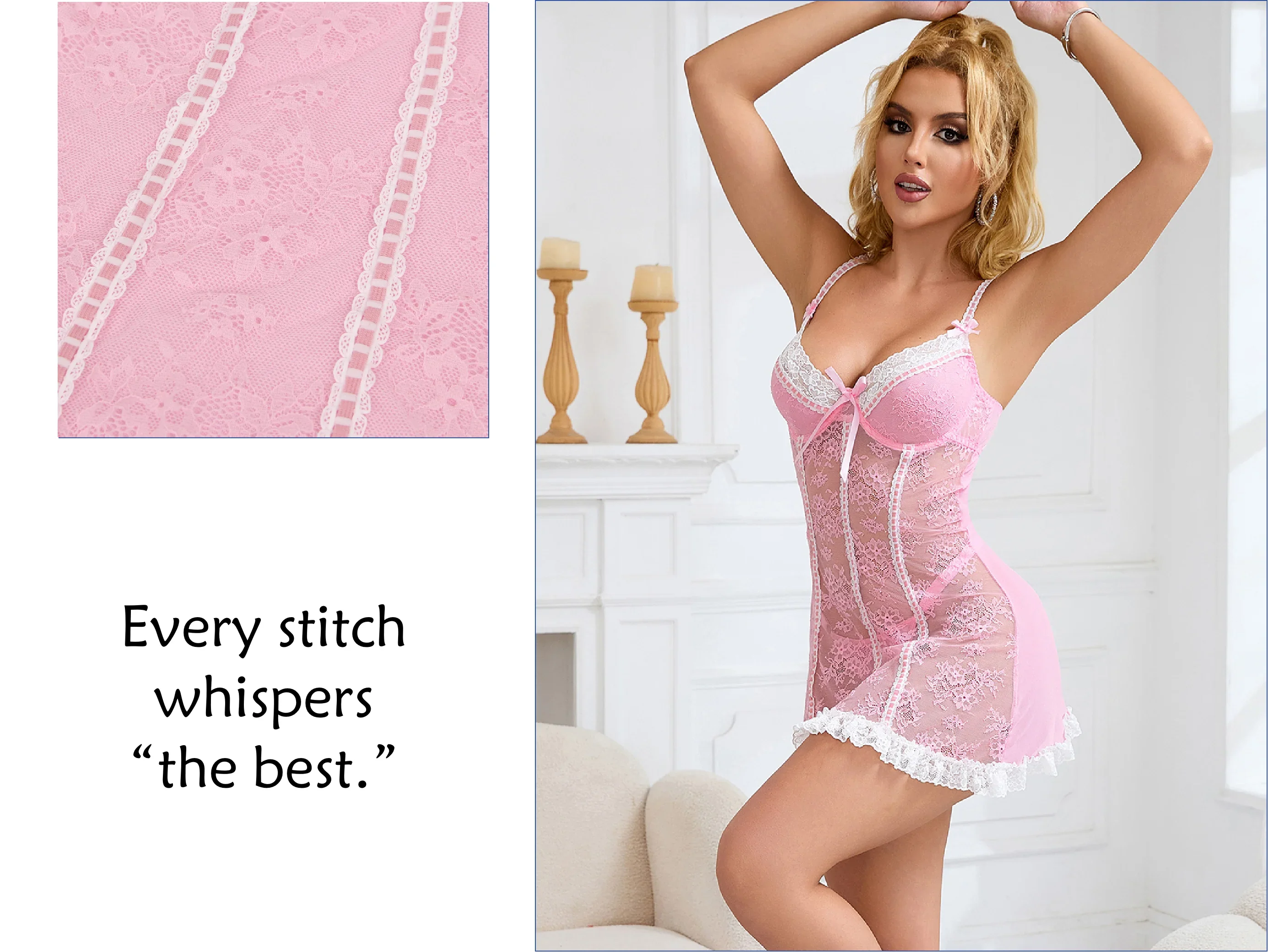 Pink Sexy Lace Ruffled Suspender Nightdress for Women Babydoll Lingerie Push Up Chemise Sleepwear