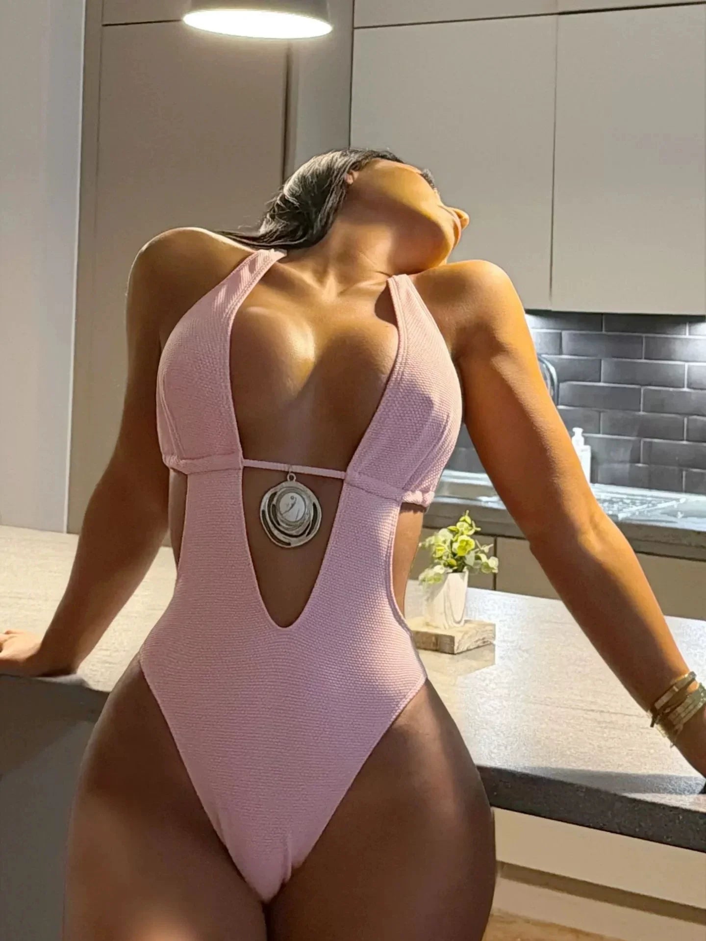 DEKA Pink V NeckOne Piece Swimsuit Women Swimwear Cut Out Bodysuit Monokini High Leg Swim Suit Cutout Bathing Suit Beachwear