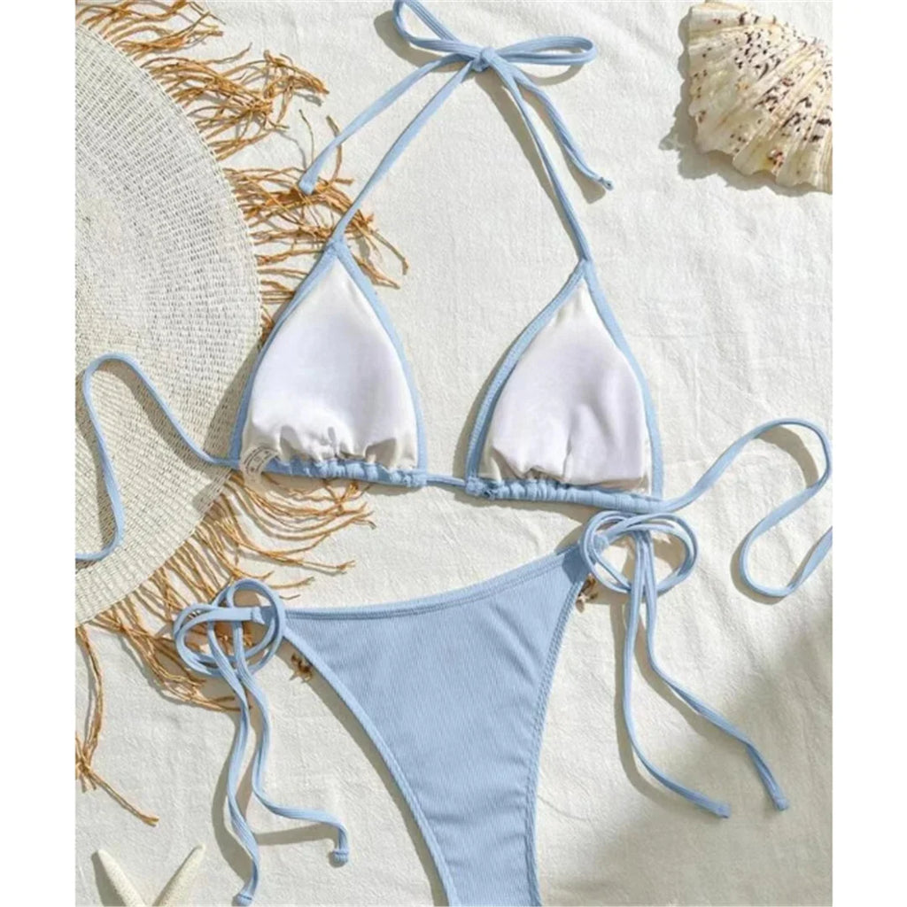 New Splicing Halter Strappy Brazilian Bikini Women Swimwear Female Swimsuit Two-Pieces Bikini Set Bather Bathing Suit Swim V6024