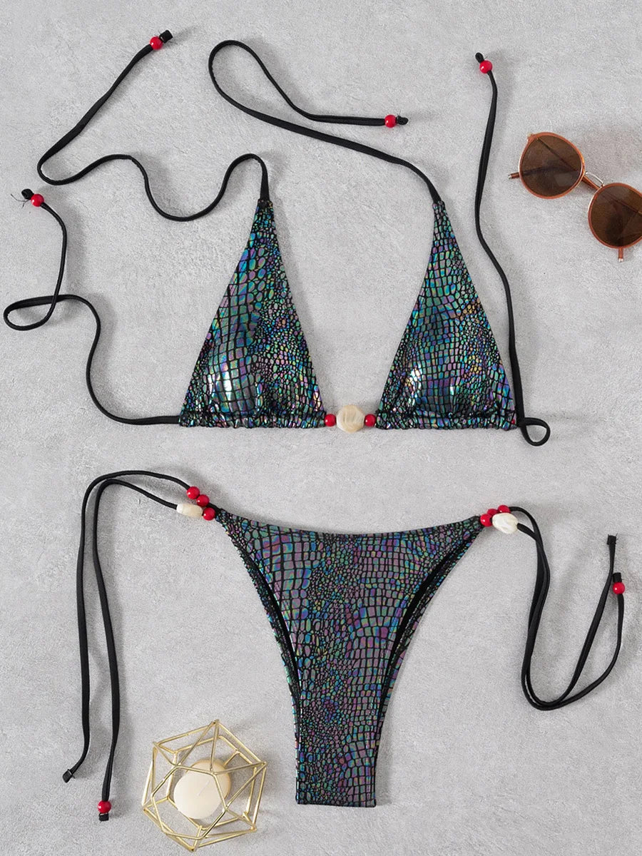 Snakeskin Halter Strappy Bikini Women Swimsuit Female Swimwear Two-pieces Bikini Set High Cut Leg Bather Bathing Suit Swim Lady