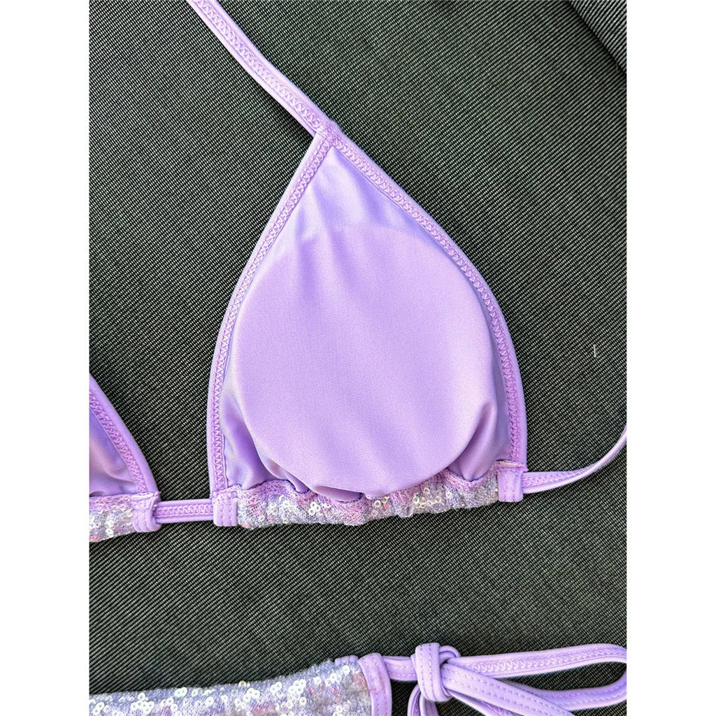 Sequins Halter Bikini Female Swimsuit Women Swimwear Two-Pieces Bikini Set High Cut Leg Padded Bather Bathing Suit Swim V8302