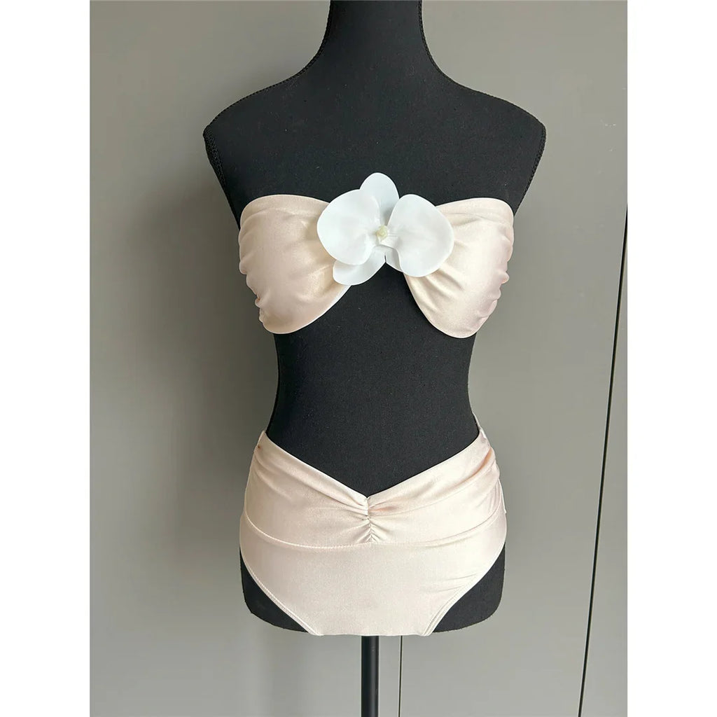 3D Flower Bandeau Female Swimsuit High Waist Bikini Women Swimwear Two-pieces Bikini set Padded Bather Bathing Suit Swim K7050