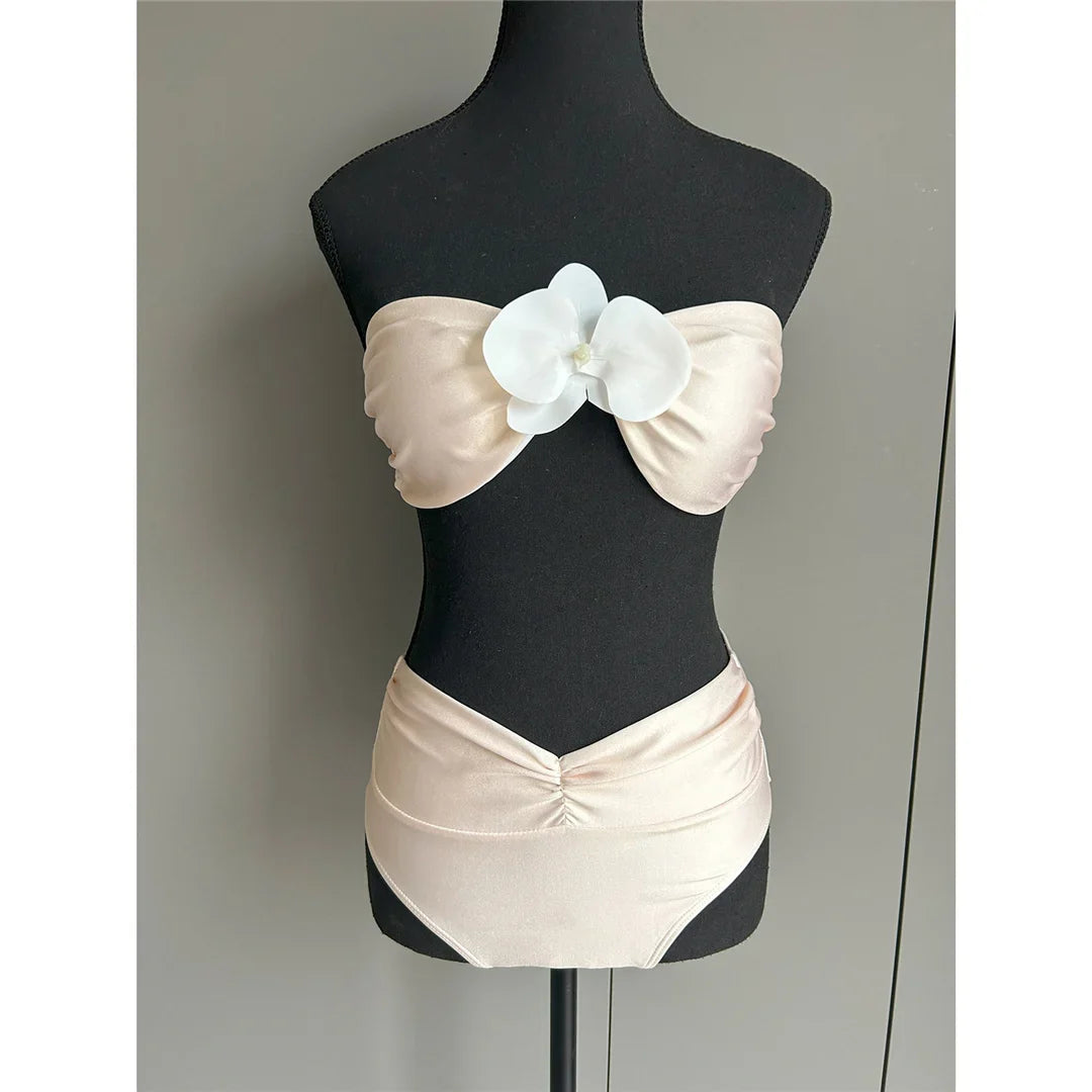 3D Flower Bandeau Female Swimsuit High Waist Bikini Women Swimwear Two-pieces Bikini set Padded Bather Bathing Suit Swim K7050
