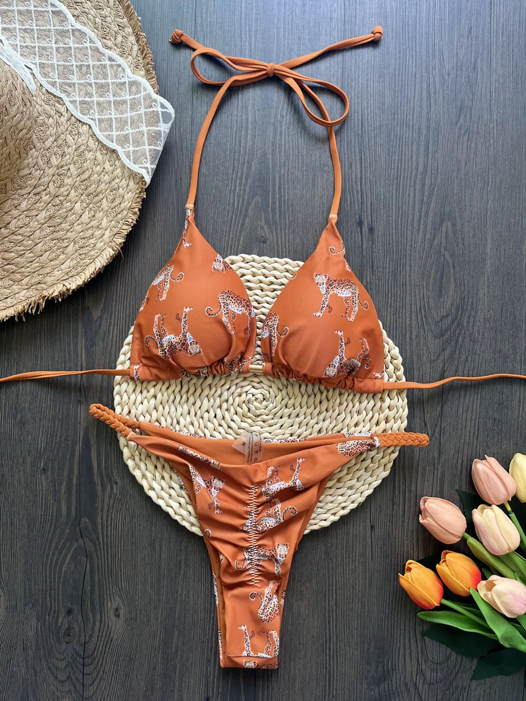 Leopard Halter Scrunch Butt Mini Micro Thong Bikini Women Swimwear Female Swimsuit Two-pieces Bikini Set Bathing Suit Swim Lady