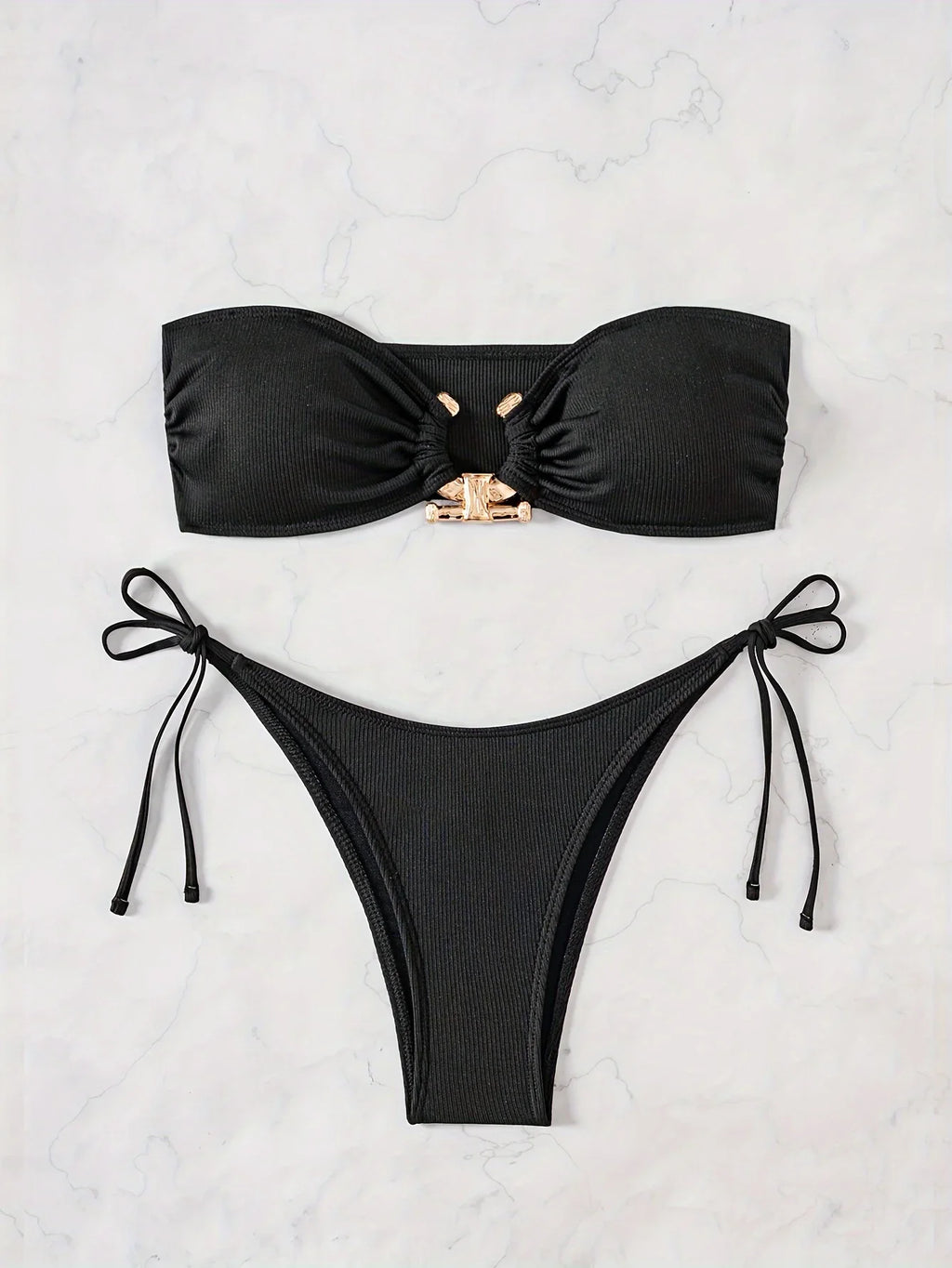 ZTVitality Sexy Bandeau Rib Knit Tie Side Black Bikini Set 2024 Biquini New Arrival Padded Strapless Swimsuit Women's Swimwear