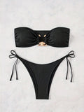 ZTVitality Sexy Bandeau Rib Knit Tie Side Black Bikini Set 2024 Biquini New Arrival Padded Strapless Swimsuit Women's Swimwear