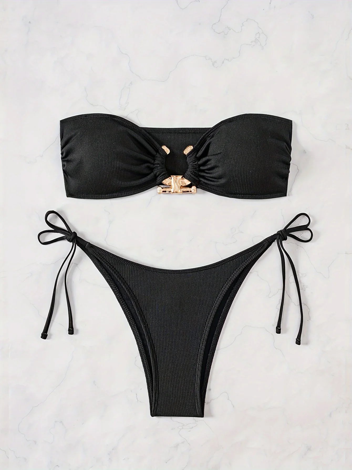 ZTVitality Sexy Bandeau Rib Knit Tie Side Black Bikini Set 2024 Biquini New Arrival Padded Strapless Swimsuit Women's Swimwear
