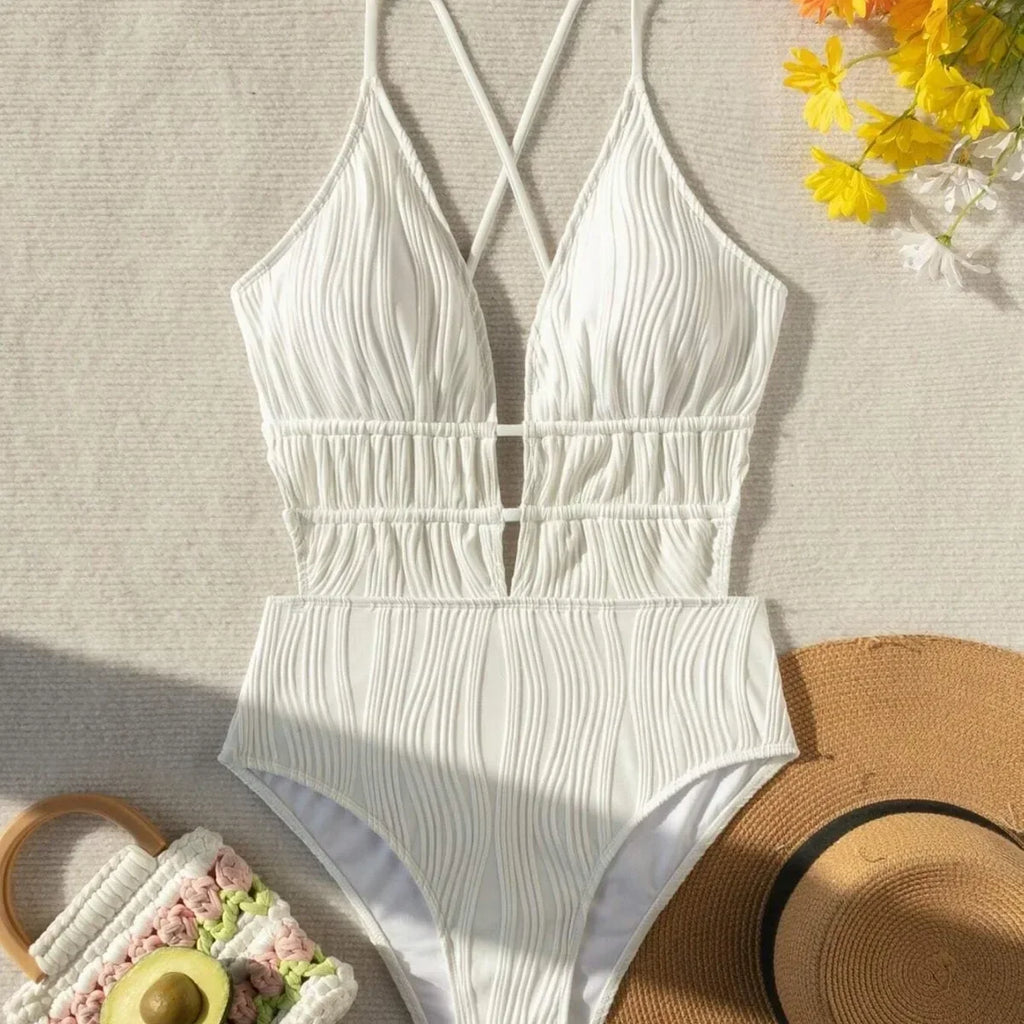 Sexy Ribbed Swimsuit One Piece Deep V-neck Bikinis Bodysuit Back Tie Swimwear High Waist Bathing Suit Beachwear Biquini Tankini