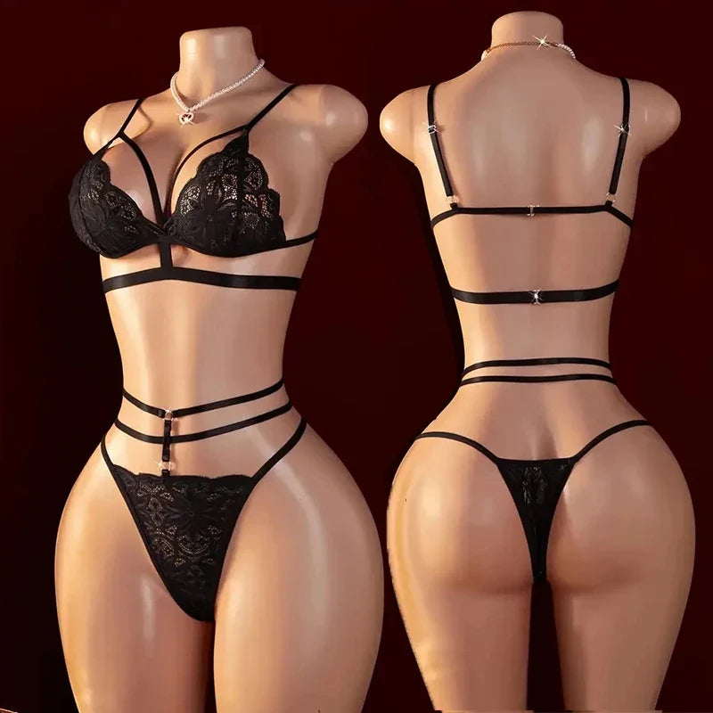 Sexy Lingerie Open Bra Set Transparent Lace  Deep V Open Bra And Panty Sets Erotic Costumes Women Sleepwear Plus Size Underwear
