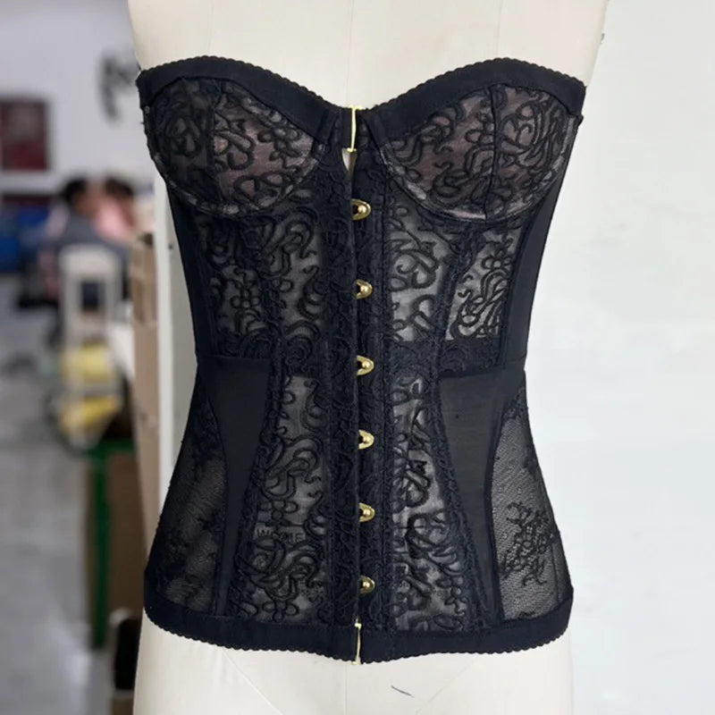Spring Summer Sexy Hollow Out Waist Fishbone Strapless Shaping Top Slim Lace Corset Transparent Body Shaping Underwear G9N8