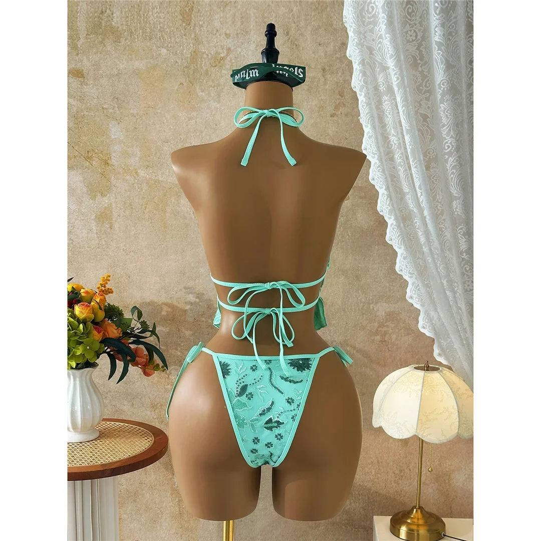 Glitter Sequin Printed Tankini Halter Bikini Women Swimwear Female Swimsuit Two-pieces Bikini set Bather Bathing Suit Swim V8067