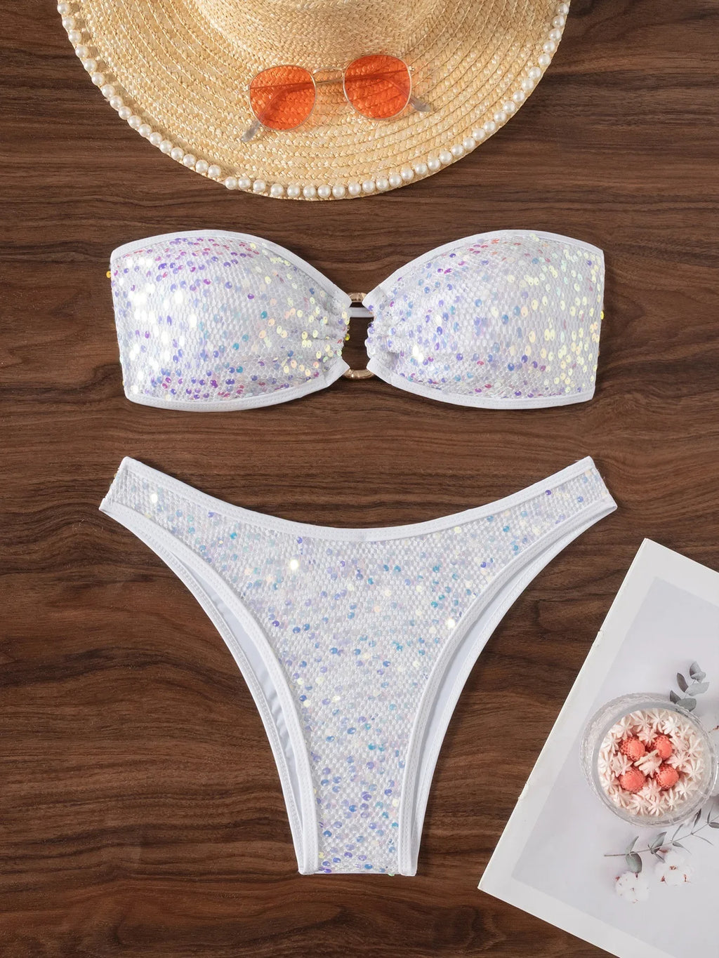 Shiny Sequins Fishnet Bandeau Bikini Women Swimsuit Female Swimwear Two-pieces Bikini Set High Cut Bathing Suit Swim Beachwear