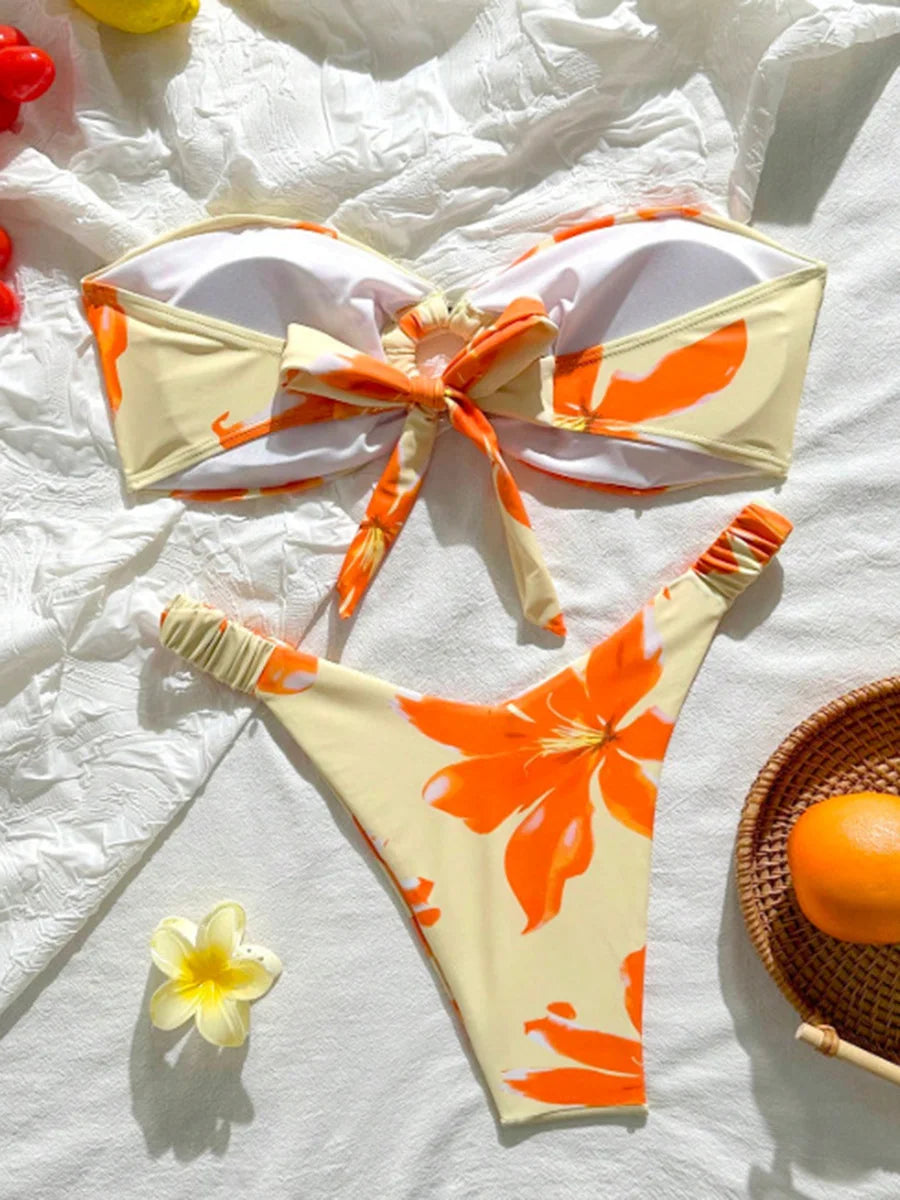 Floral Printed Wrinkled Bandeau Bikini Female Swimsuit Women Swimwear Two-pieces Bikini Set High Cut Bather Bathing Suit Swim