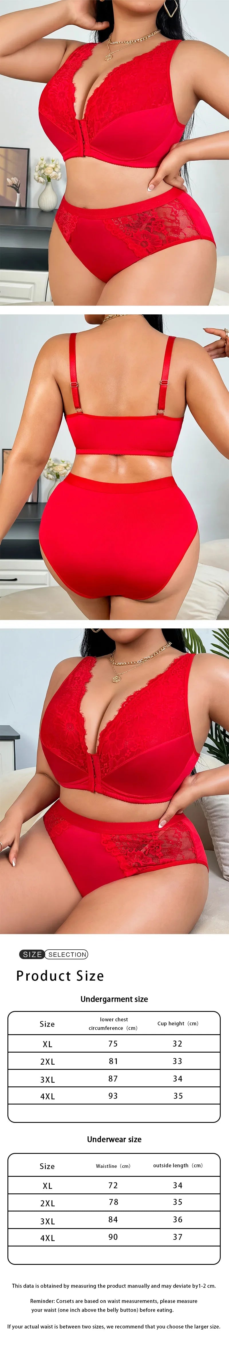 Plus Size Front Closure Lingerie Set, French Lace Sweet & Sexy Bra, Alluring Underwear Outfit