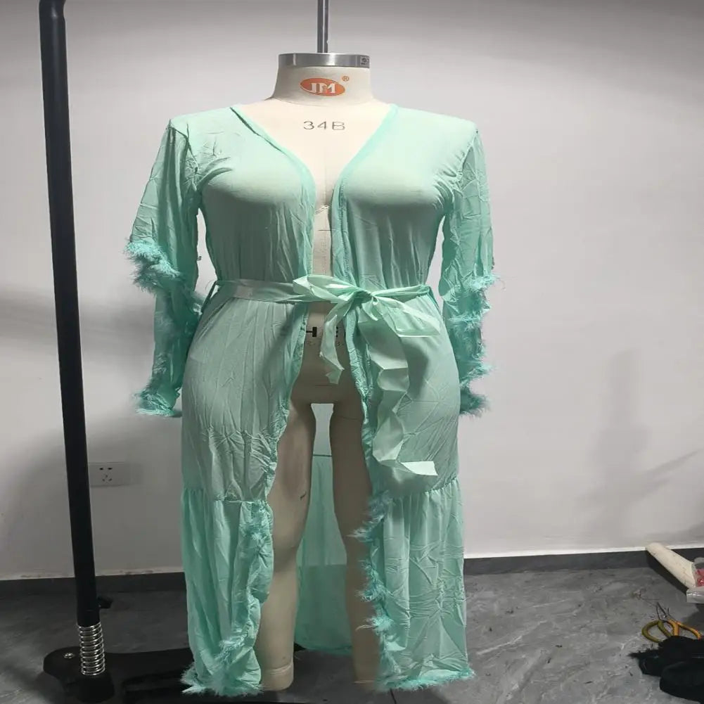 See-through Women Bath Party Dress Mesh Fluffy Sleeve Pleated Lace-up Bow Waist Wedding Night Honeymoon Bathrobe Nightdress
