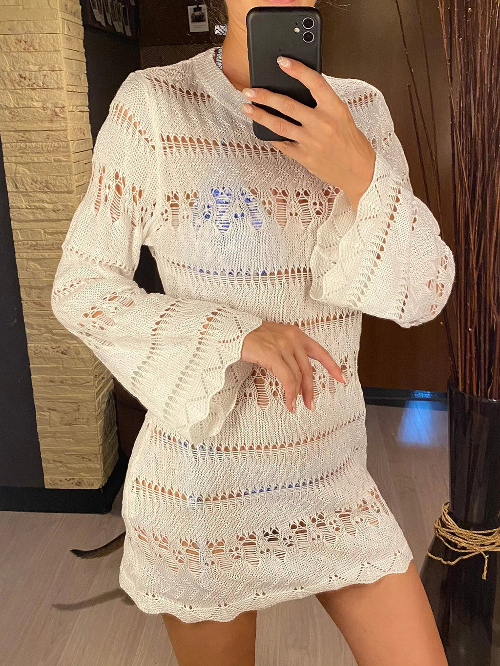 S - XL Long Sleeve Hollow Out Crochet Knitted Tunic Beach Cover Up Cover-ups Beach Dress Beach Wear Beachwear Female Women K5542