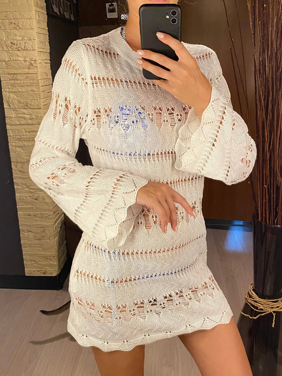 S - XL Long Sleeve Hollow Out Crochet Knitted Tunic Beach Cover Up Cover-ups Beach Dress Beach Wear Beachwear Female Women K5542