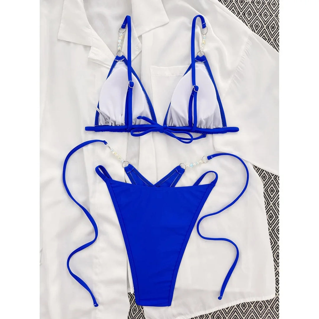 Sexy Halter Pearls Strappy Bikini Female Swimsuit Women Swimwear Two-Pieces Bikini Set High Cut Bather Bathing Suit Swim V5473