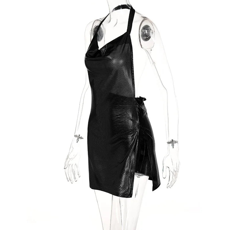 Sexy Hot Girl Slim Halter Neck Mini Dress Fold V-neck Low Cut Backless Bodycon Slit Short Dresses Streetwear Lady Party Vestidos