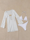 sexy white plain micro bikinis sets 3pcs with hollow out mesh long sleeve deep v-neck mini dress swimsuits bathing suit biquini