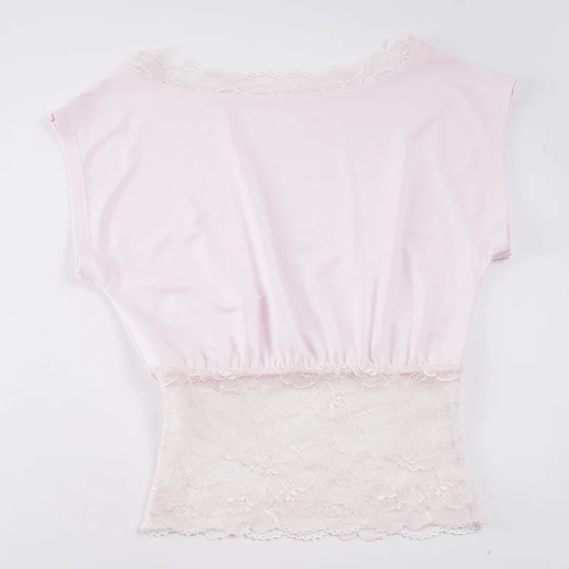 Summer T-shirt lace off-shoulder short-sleeved T-shirt waist fashion versatile top