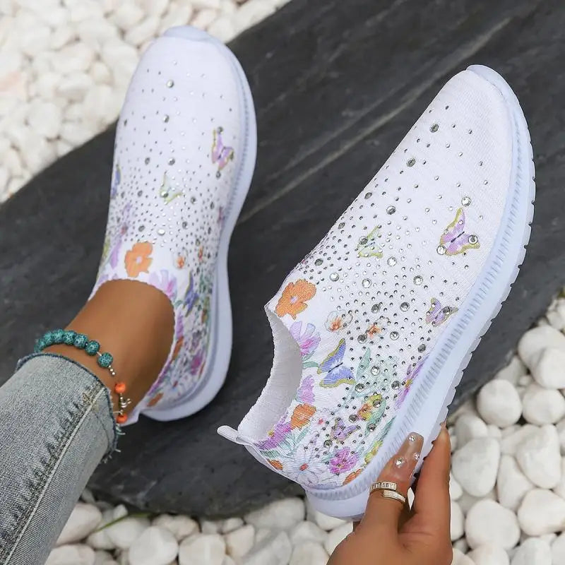 2025 Fashion Crystal Platform Sneakers Women Plus Size Slip On Flowers Printed Flats Woman Breathable Soft Sole Wakling Shoes