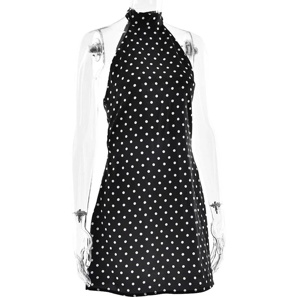 FDYOUI Woman Clothes Halter Sleeveless Polka Dot Satin Short Dress 2026 Summer Sexy Bandage Backless Mini Evening Party Dresses