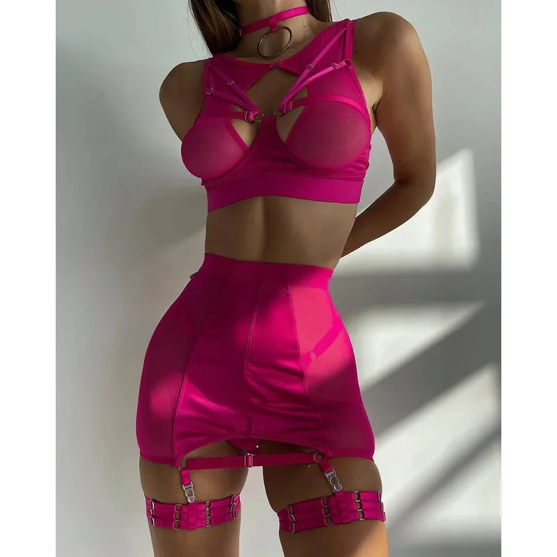 Toucheart 5-Pieces Erotic Lingerie Sexy Hip Skirt For Women Mesh Patchwork Hollow Out See-Through Lure Garters Underwear Suit