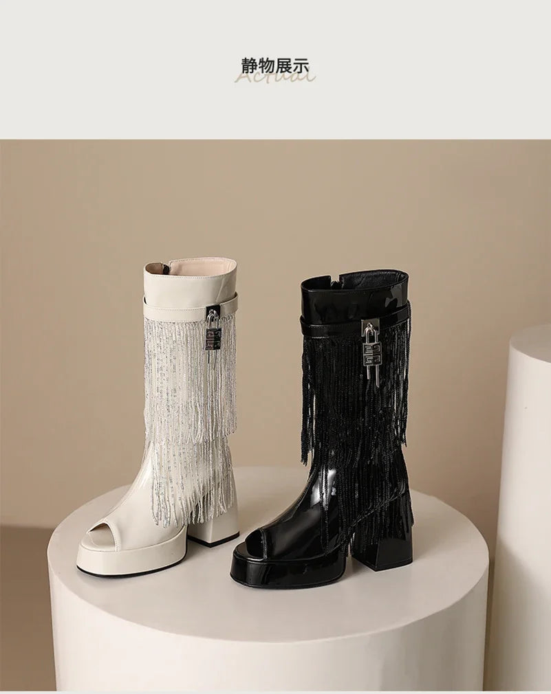 Plus Size Women White Patent Leather Fringe Tassel Mid Calf Boots Peep Toe Platform Block Heel Open Toe Party Club Heels