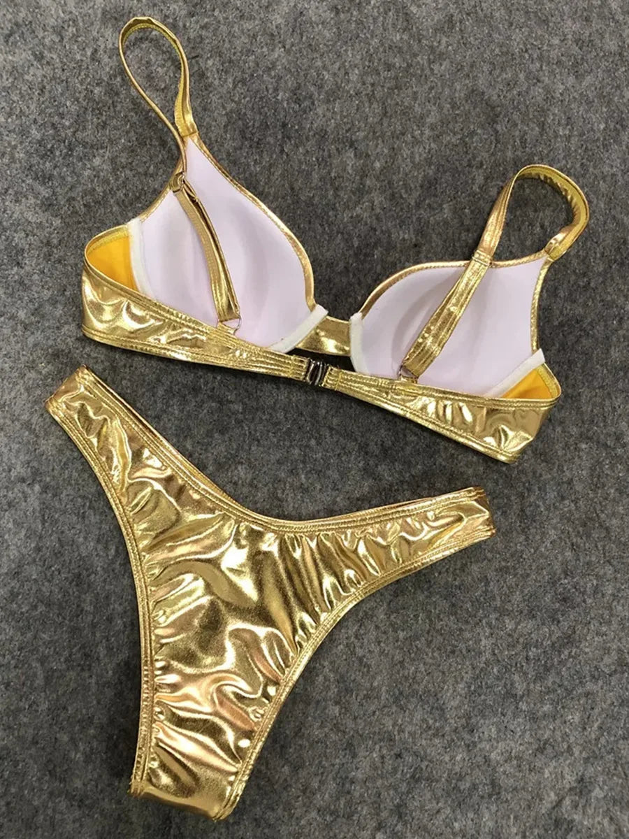 Shiny PU Faux Leather Bikini 2026 Push Up Swimsuit Women Swimwear Female Two-pieces Bikini set Bra Cup Bather Bathing Suit Swim