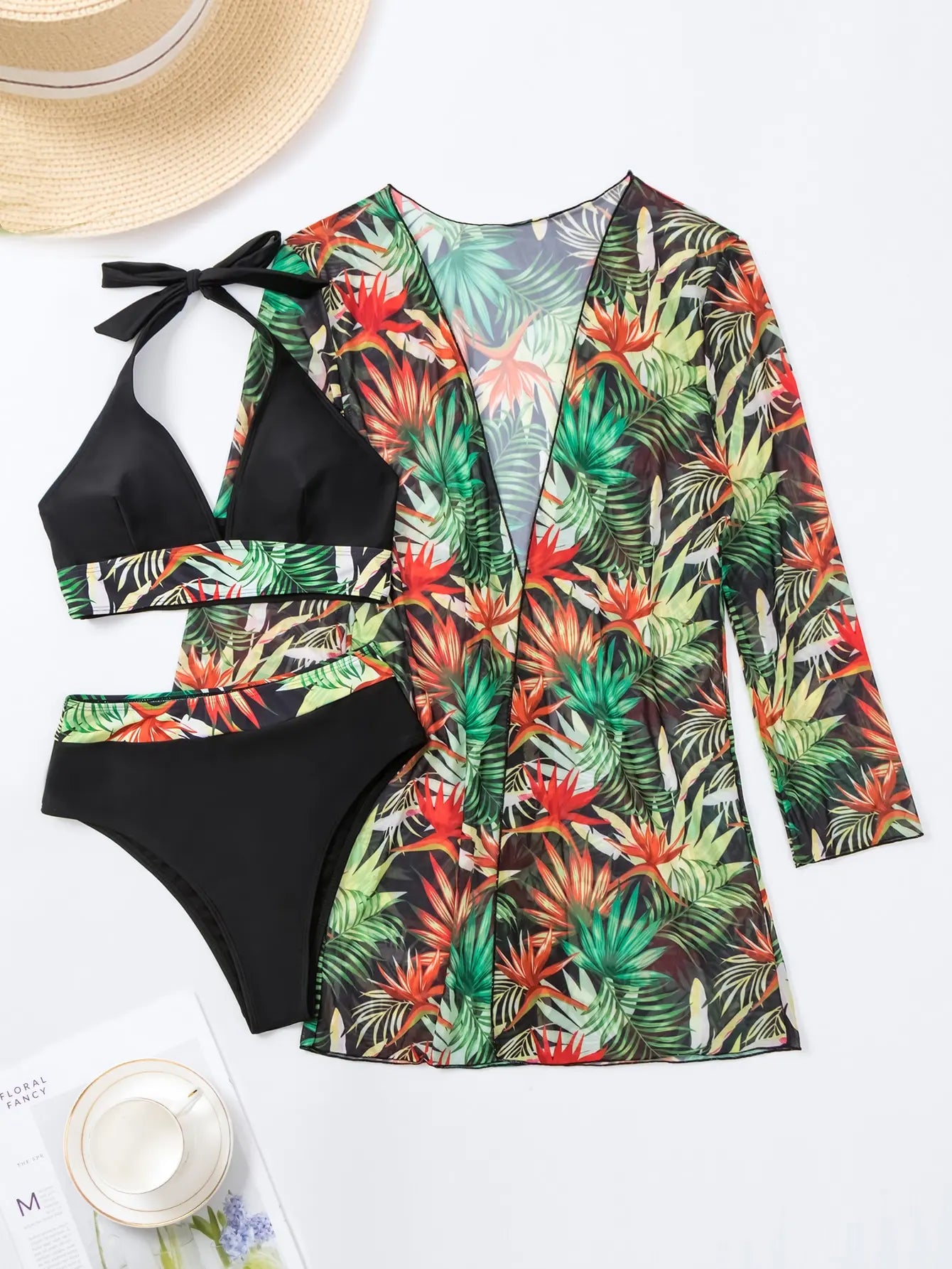 Halter Print Bikini 2026 Women Swimsuit With Kimono High Waist Swimwear Female Bathers Bathing Swimming Swim Suit Beachwear