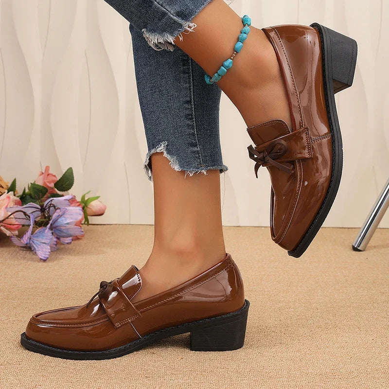 Patent Leather Bowknot Oxford Shoes Women Plus Size 43 Pointed Toe Thick Heel Pumps Woman Elelgant Slip On Pu Leather Shoes 2026