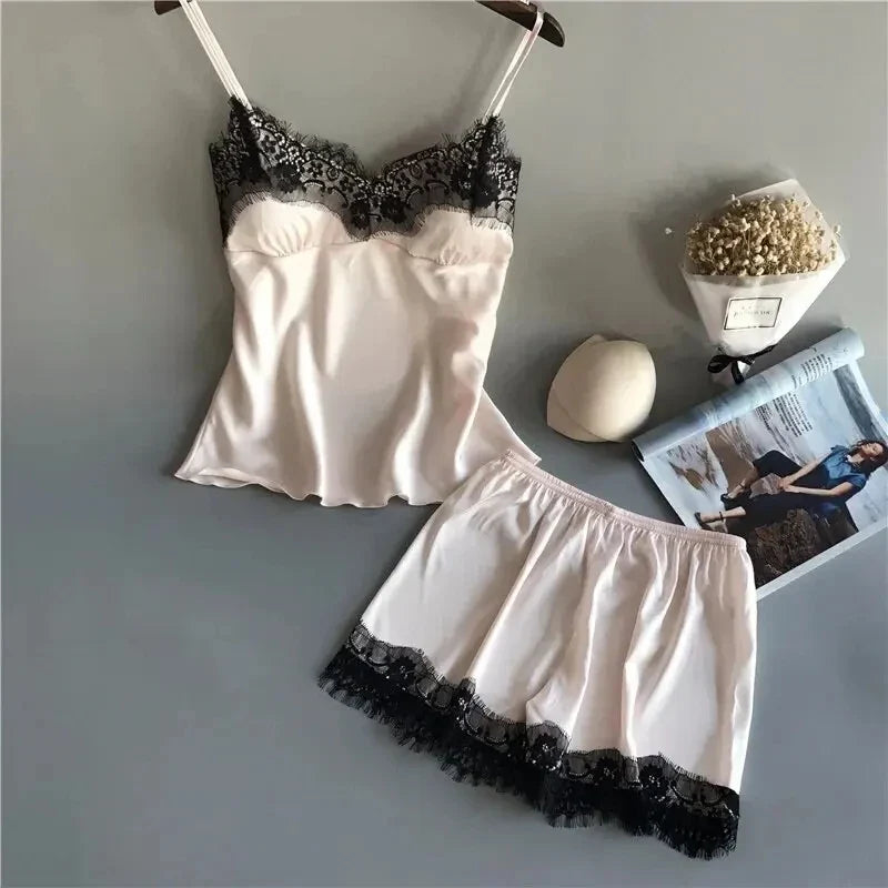 Women's Halter Pajamas 2 PCS Camisole And Shorts Home Wear Red Black Sexy Lace S M Ventilate Comfort