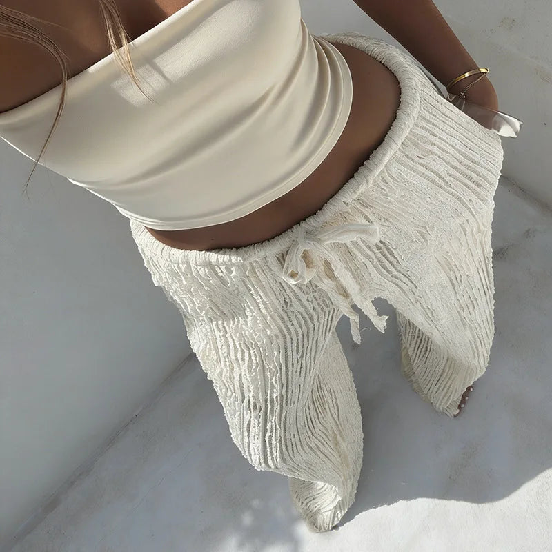 Women's trousers, fashionable and versatile, solid color, drawstring straight trousers, beach sun protection trousers