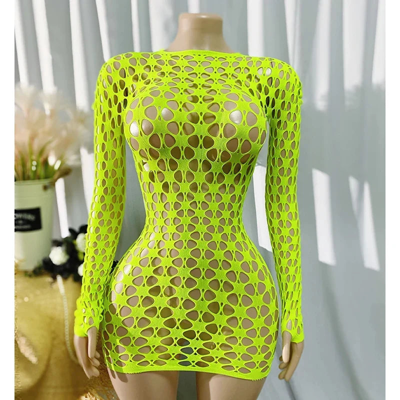 Women Sheer Mesh Long Sleeve Beach Cover Up, Sexy See-Through Fishnet Dress, Solid Bodycon  For Summer Beach Party