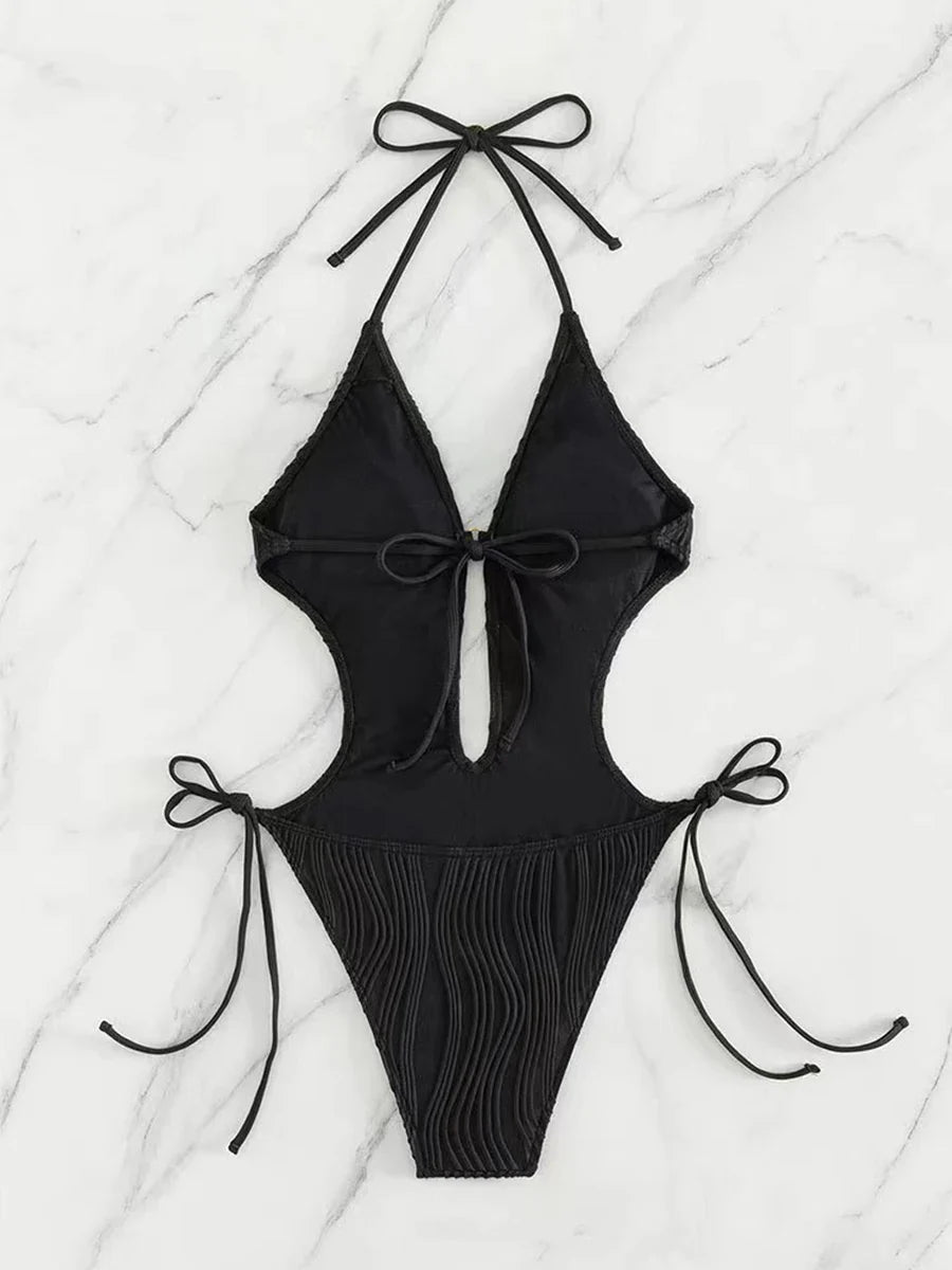 Monokini 2026 Drawstring Swimsuit One Piece Sexy Solid Hollow Swimwear Women Bathing Swimming Swim Suit Padded Beachwear Summer