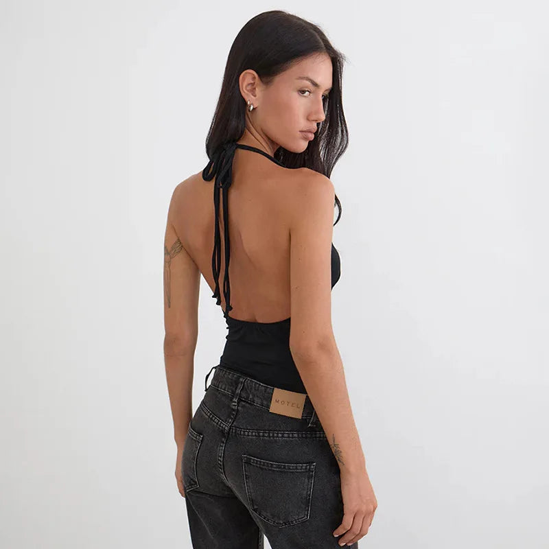 Women's Spring and Summer Camisole Studded Backless Navel Pullover Vest Top Fashionable and Sexy