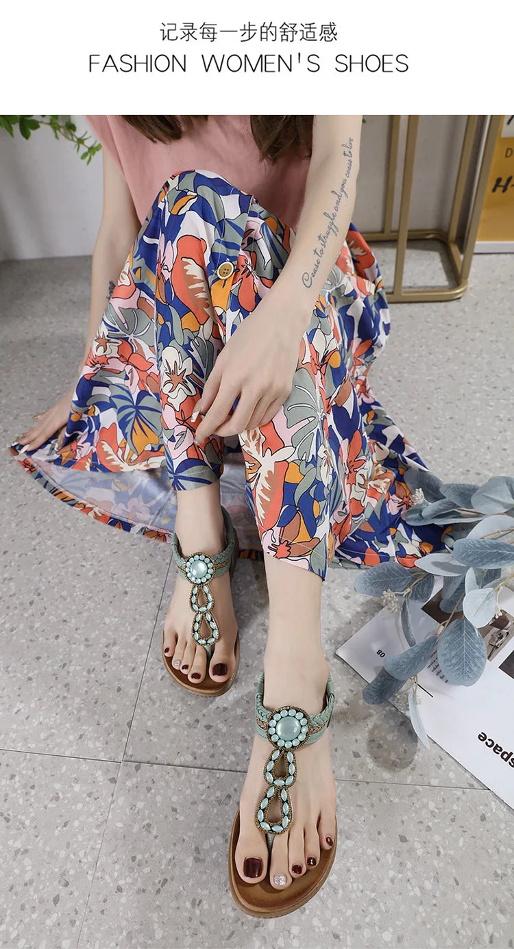 2026 New Shoes for Women Bohemia Crystal Sandals Women Shoes Rhinestone Lady Flip Flops Pearl Slip on Flat Beach Shoes