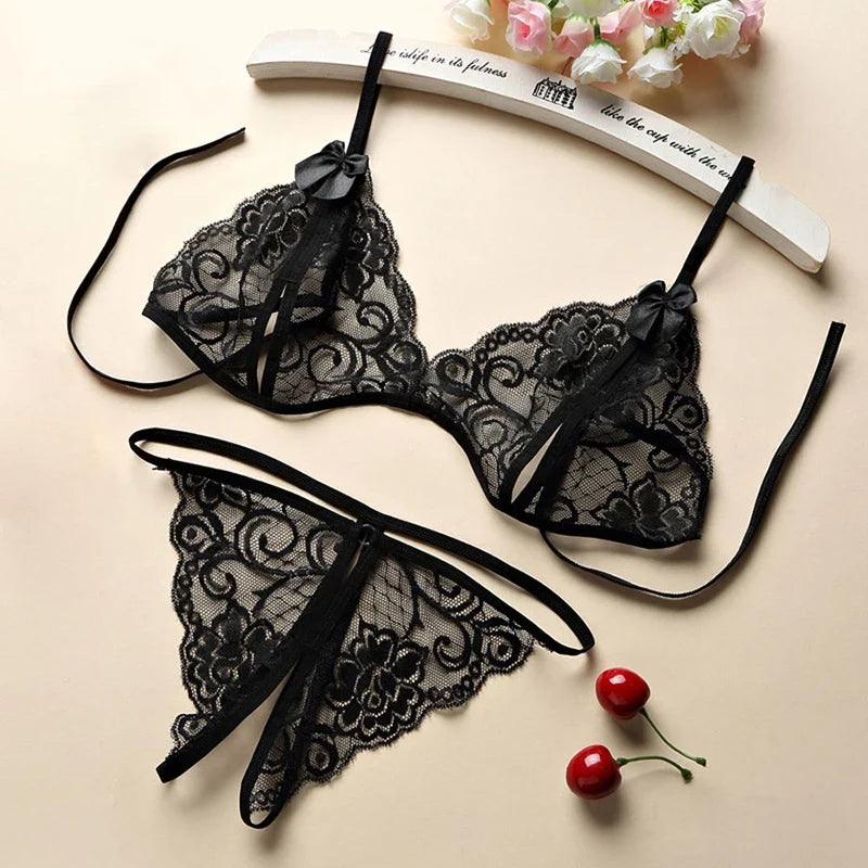 Women Sexy Lace-up Lingerie Set Transparent Lace Underwear G-string Bandage Bikini Three-point Set Erotic Delicate Bra Outfit