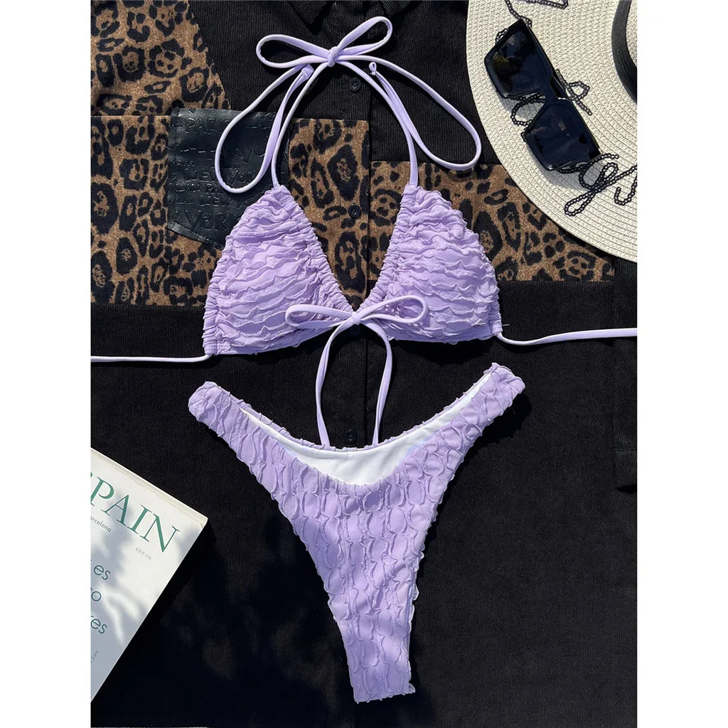 Wrinkled Wrap Around Halter Brazilian Bikini Female Swimsuit Women Swimwear Two-Pieces Bikini Set Bather Bathing Suit Swim V4672