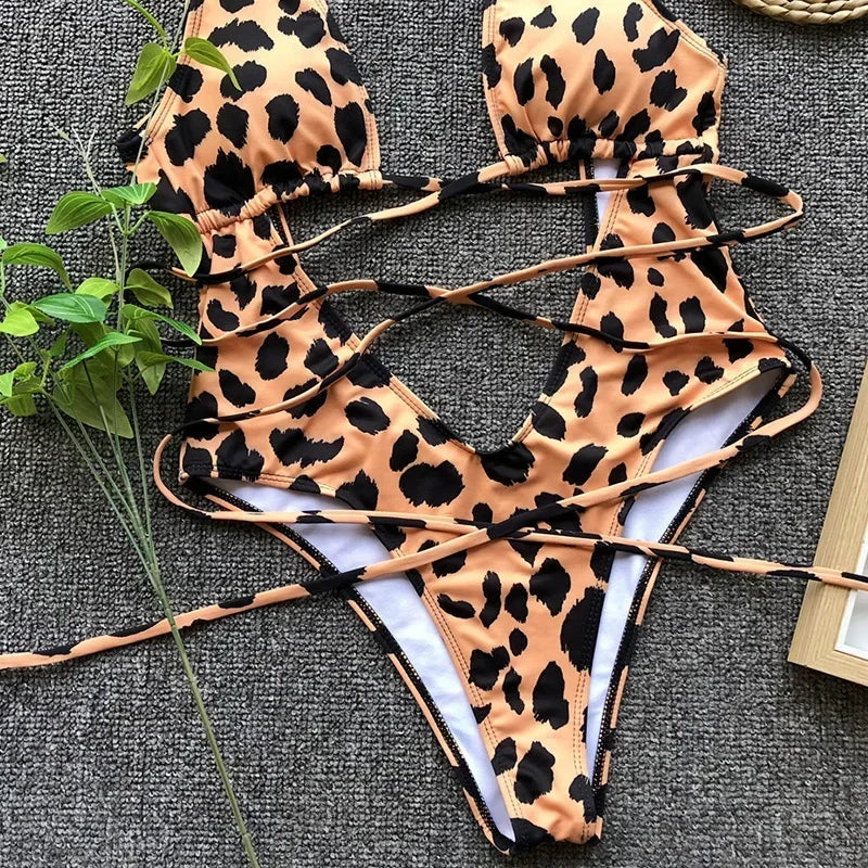 Leopard Deep V Neck Wrap Around High Cut Women Swimwear One Piece Swimsuit Female Monikini Tummy Cut Out Bathing Suit Swim Lady