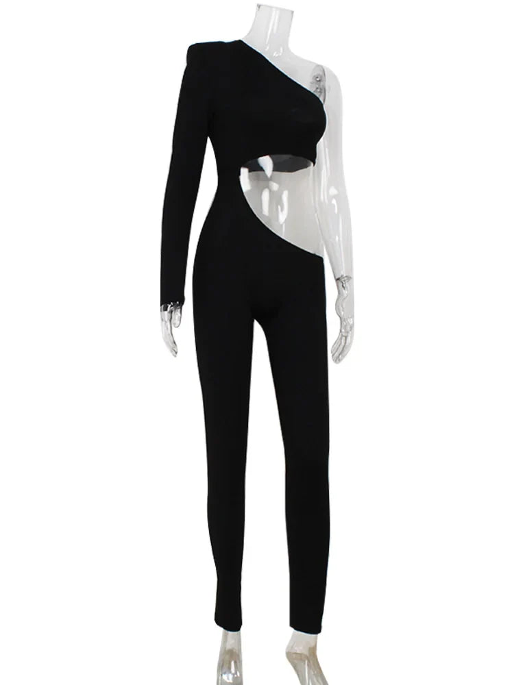 Ahagaga Sexy Club Women's Jumpsuits Single Sleeves Solid Skinny Hollow Out Long Pancil Pants Streetwear Causal Female Rompers