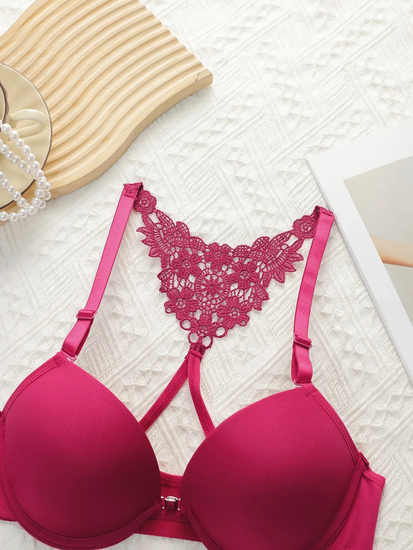 Women's Front Buckle Design Underwear Set Sexy Lace Rear Underwear Pulling Up Bra Black+Wine Red 2-piece Set A2130